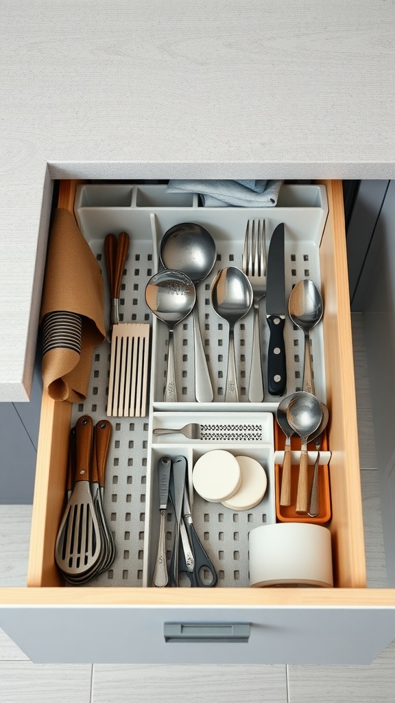 An organized kitchen drawer showing various utensils and tools neatly arranged in compartments.