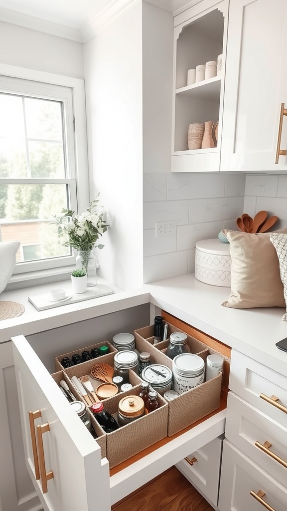 A well-organized kitchen drawer with various containers for spices and utensils.