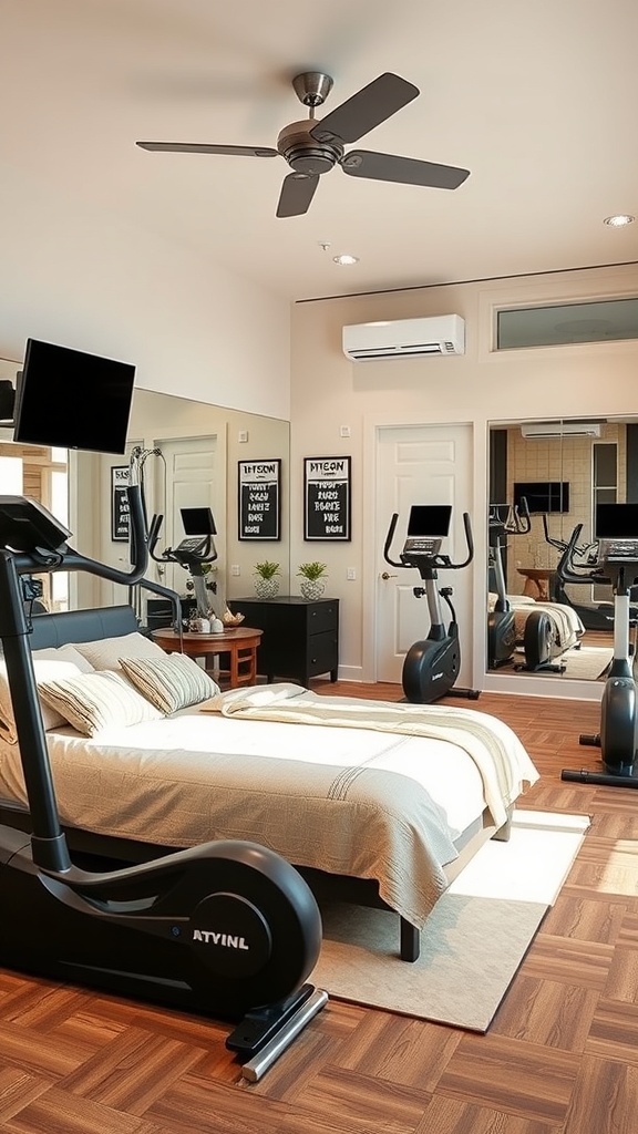 A modern fitness room featuring an elliptical machine, a bed, and motivational quotes on the walls.
