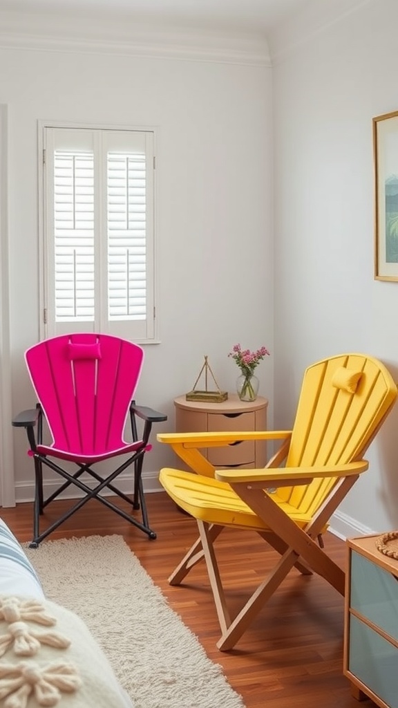 Two colorful folding chairs in a bright bedroom, one pink and one yellow, next to a window.