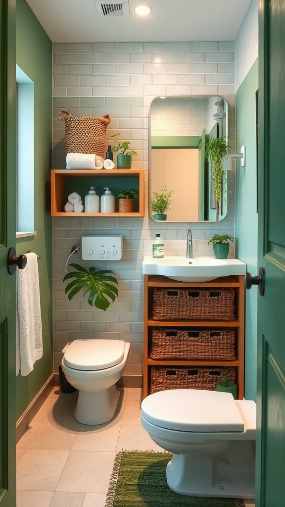 A stylish bathroom with green walls and innovative storage solutions, including wooden shelves and wicker baskets.