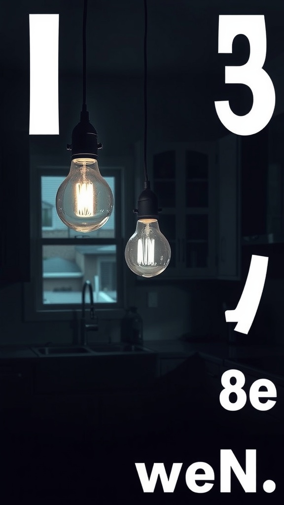 Two stylish pendant lights in a dark kitchen, one glowing warmly.