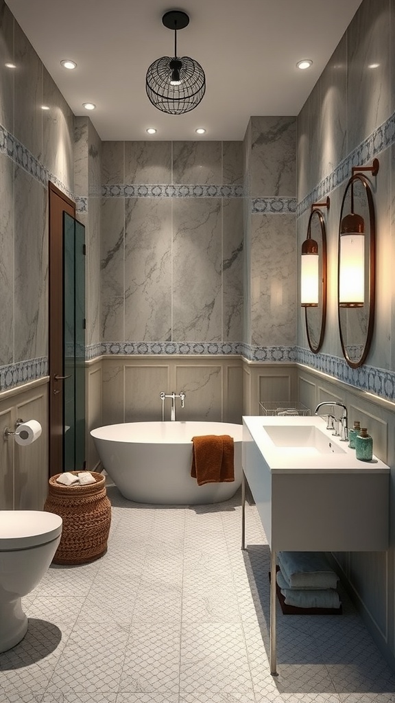 Modern penny tile bathroom with innovative lighting fixtures.