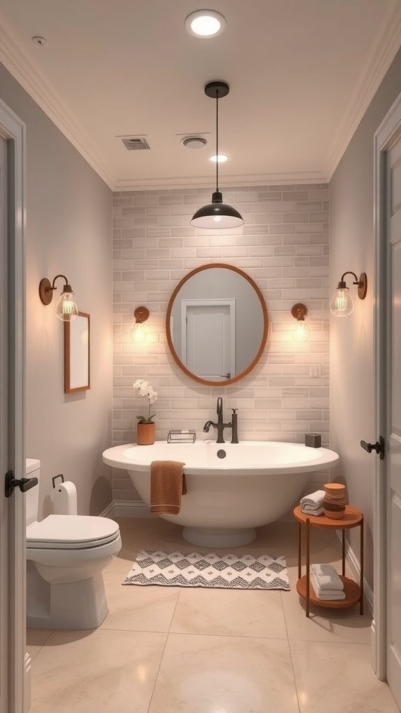 A modern basement bathroom featuring stylish lighting solutions, including recessed lights, pendant lights, and wall sconces.