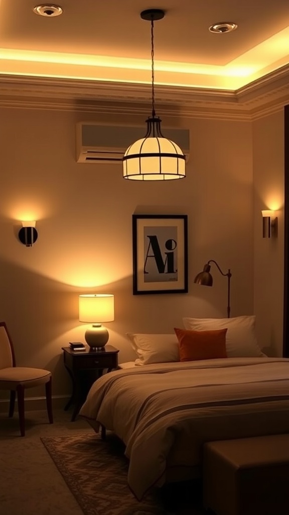 A cozy guest bedroom with warm lighting, featuring a pendant light, lamps, and LED strip lights.