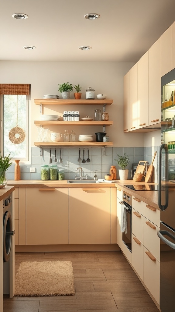 A cozy kitchen with light wooden shelves, plants, and modern appliances, emphasizing sustainability and recycling.