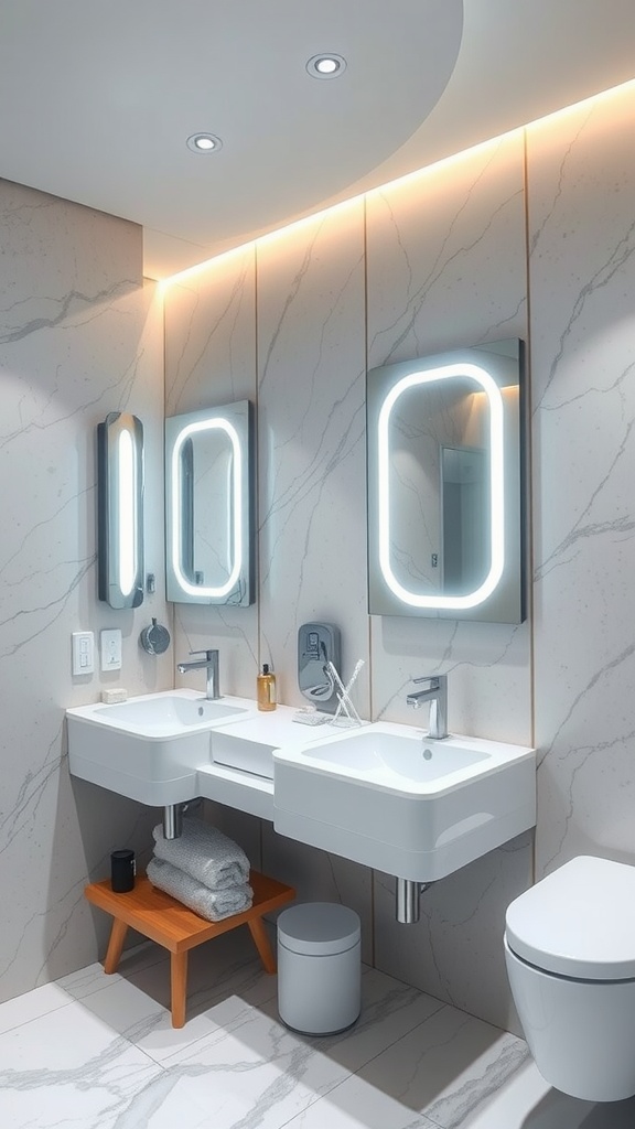A modern bathroom with smart mirrors and touchless faucets.