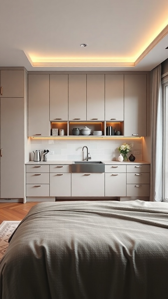 A modern luxury kitchen featuring tall cabinets, open shelving, and integrated lighting.