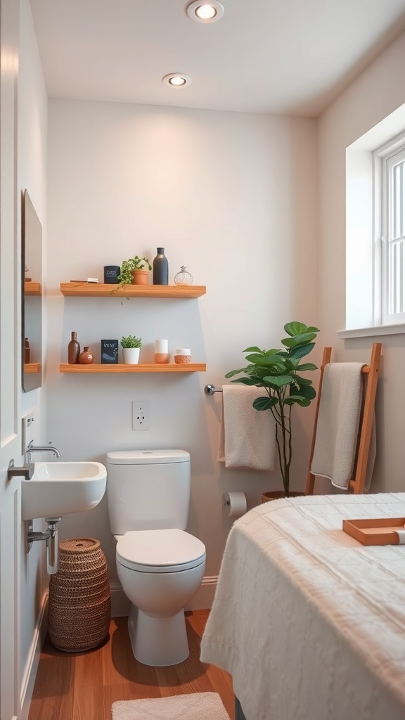 A small, stylish bathroom featuring floating shelves, a compact sink, and decorative elements.