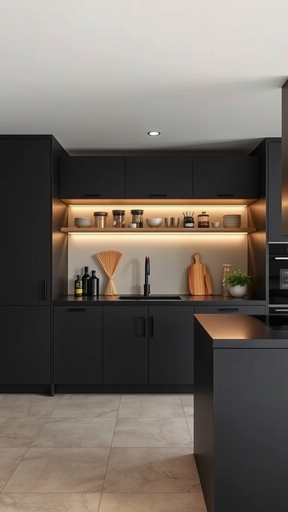 Modern dark kitchen with black cabinets and warm lighting