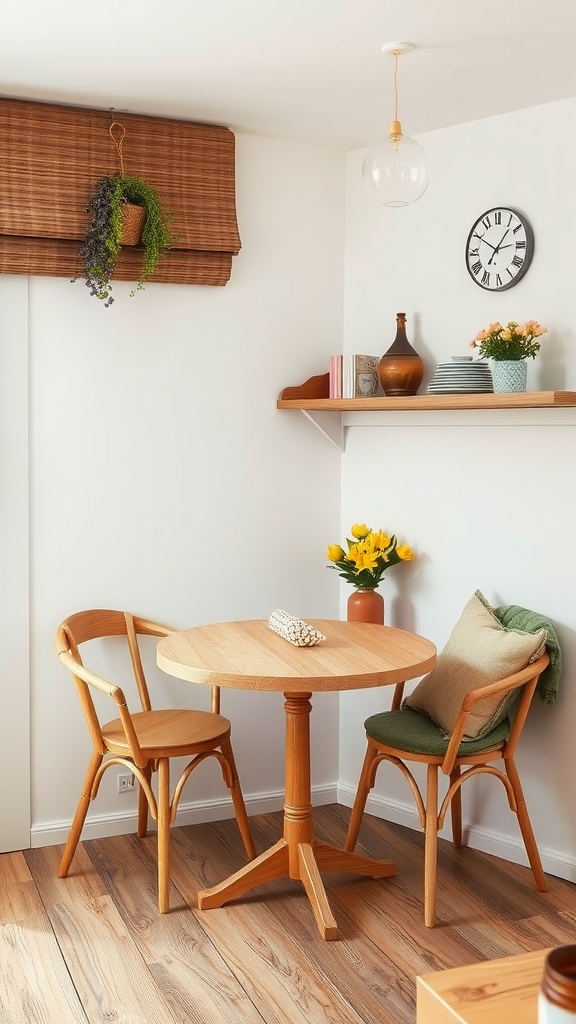 Cozy kitchen corner with a round wooden table and two chairs, decorated with plants and flowers.