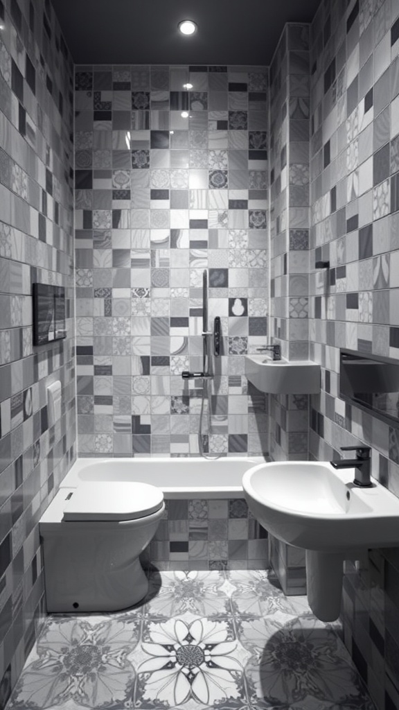 A modern small bathroom with innovative tile designs featuring a mix of patterned wall tiles and a floral floor tile.