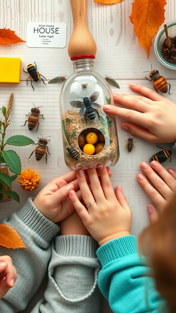 Hands assembling an insect house from a recycled bottle, surrounded by artificial insects and autumn leaves