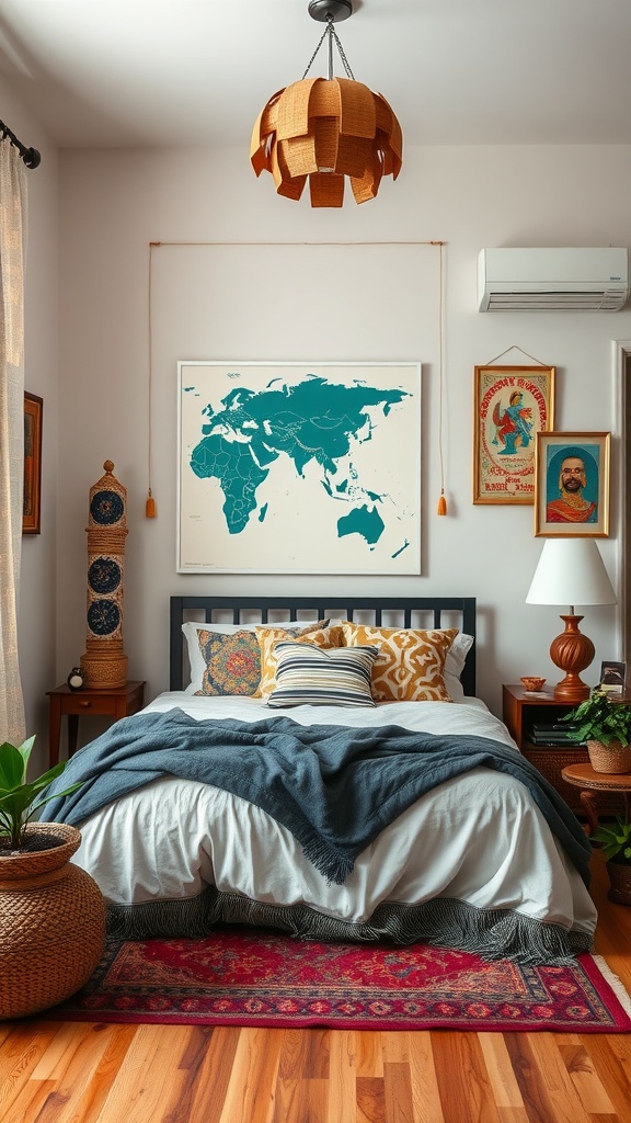 A classy bedroom featuring a world map, cozy bedding, and warm decor elements