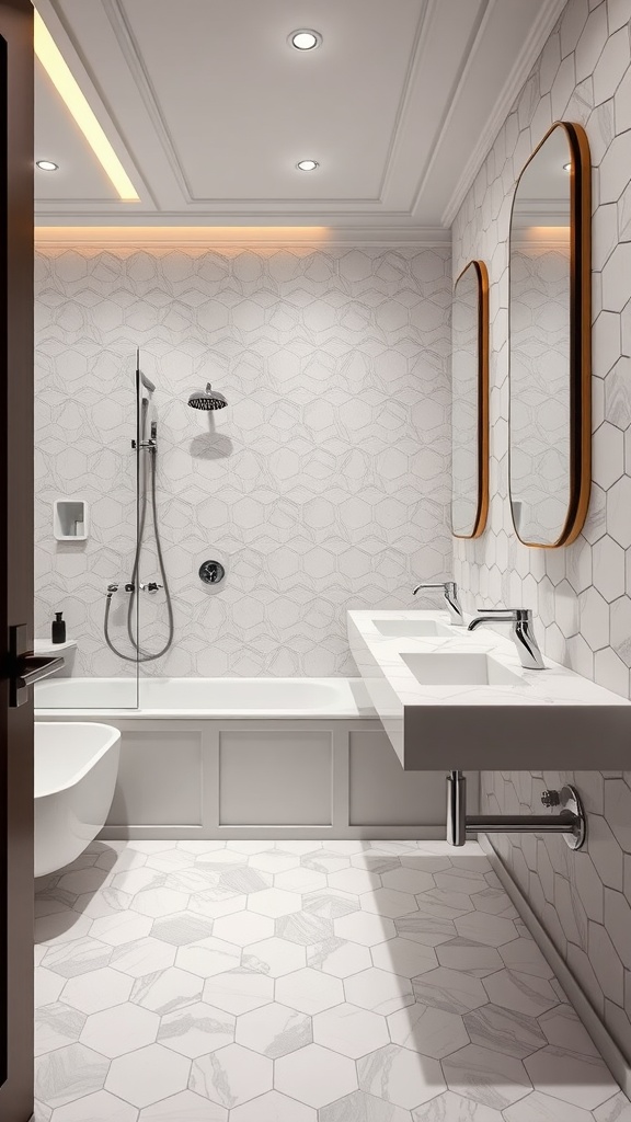 A modern bathroom with hexagon tile flooring, dual sinks, and a bathtub, evoking a luxury hotel vibe.