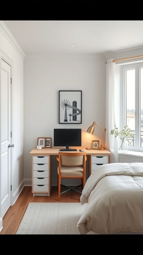 A minimalistic home office with a desk, computer, and a bed in a bright room.