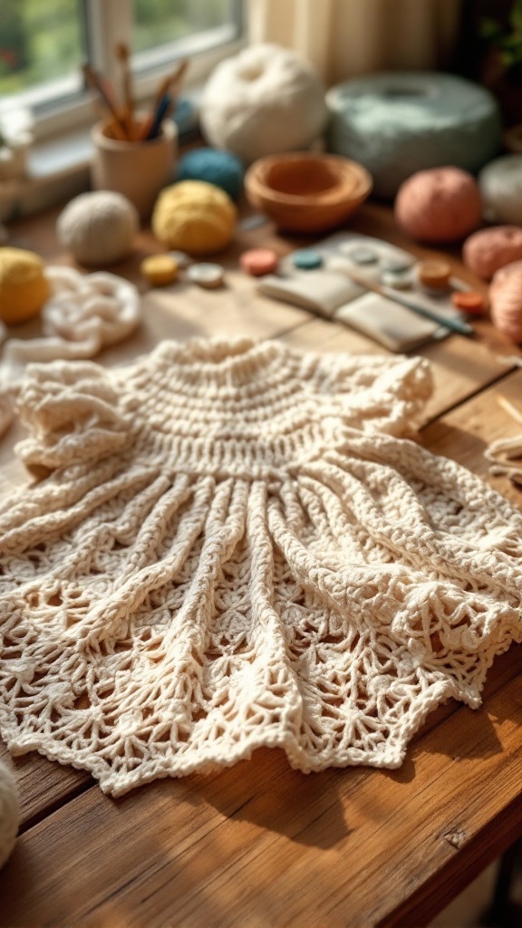 Crochet baby dress on a wooden table surrounded by colorful yarn and crafting supplies