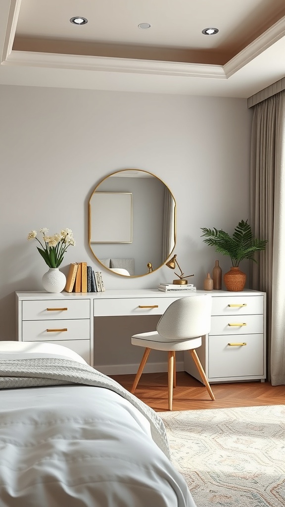 A modern bedroom featuring a white vanity and desk combo with gold accents, a round mirror, and potted plants.