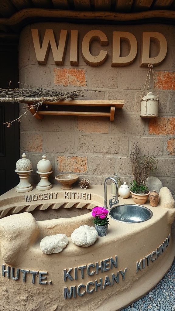 A rustic mud kitchen made of earth-toned materials featuring a small sink, decorative plant pots, and a natural, outdoorsy design.