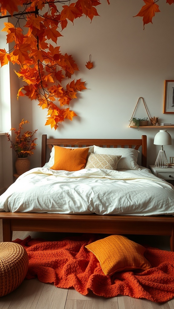 A cozy bedroom featuring burnt orange decor with a bed, cushions, and autumn leaves.
