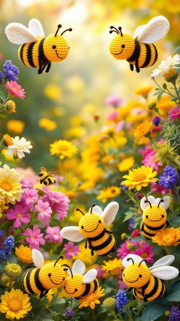 Colorful crocheted bees flying among vibrant flowers in a sunny setting.