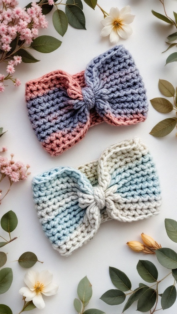 Two crochet ear warmers in pastel colors, surrounded by flowers and leaves.
