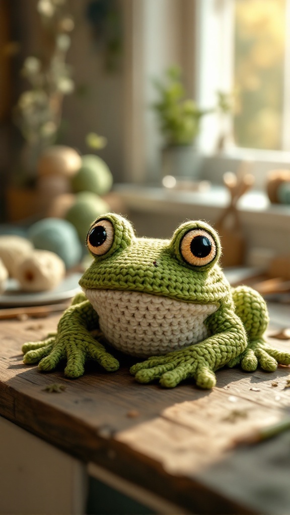 Crochet frog sitting on a wooden table, showcasing its green yarn texture and big eyes.