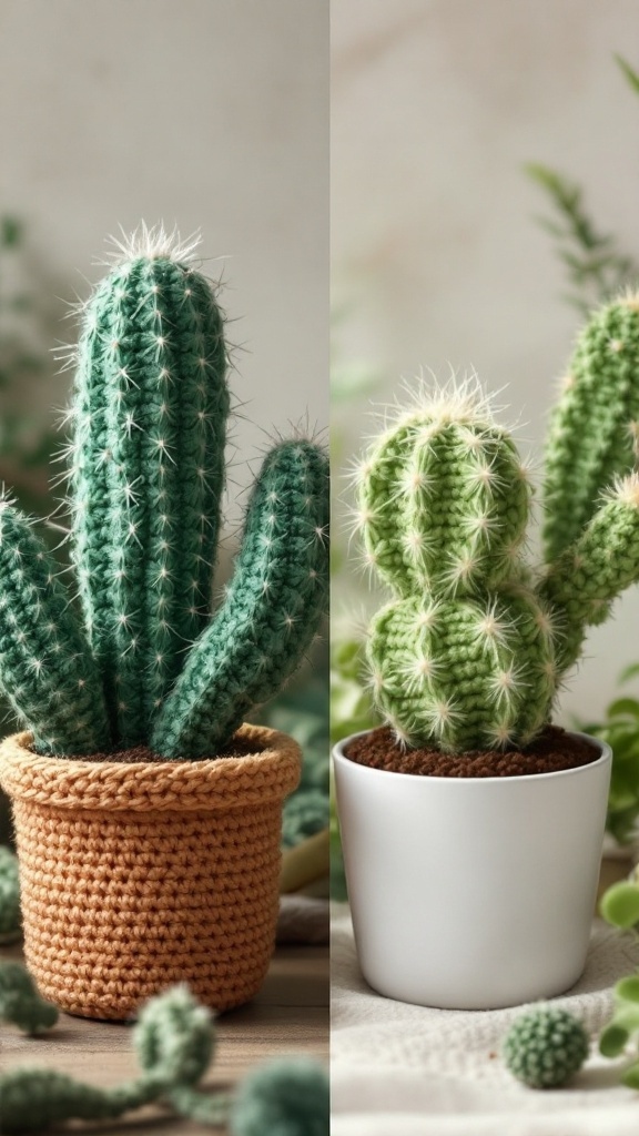 Crochet cacti in terracotta and white pots
