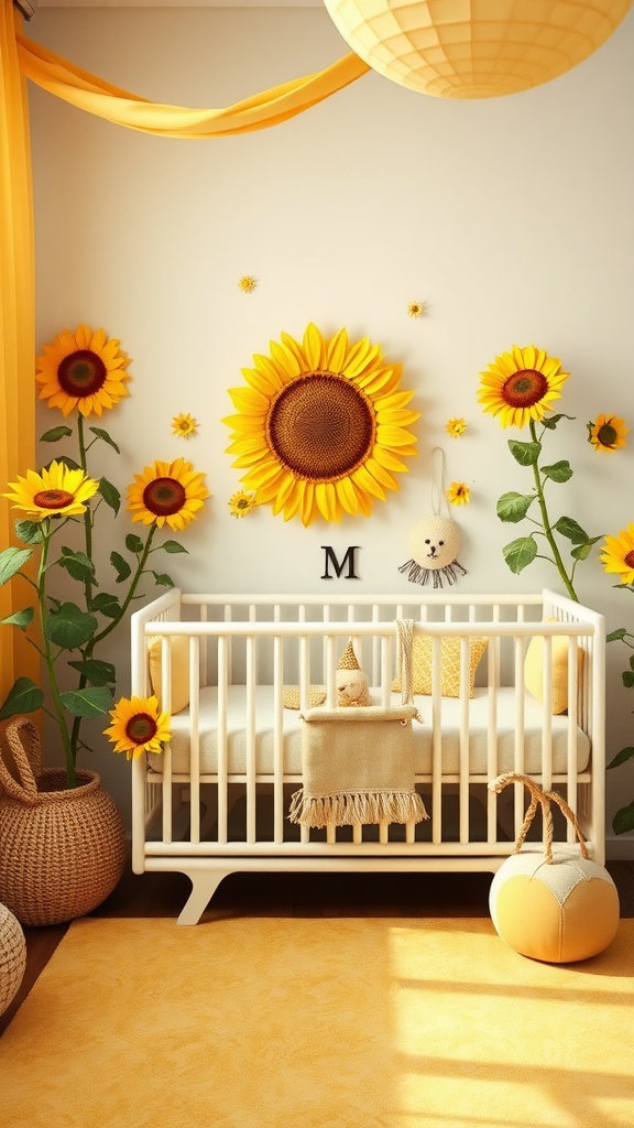 A bright yellow nursery featuring sunflower decorations, a crib, and soft furnishings.