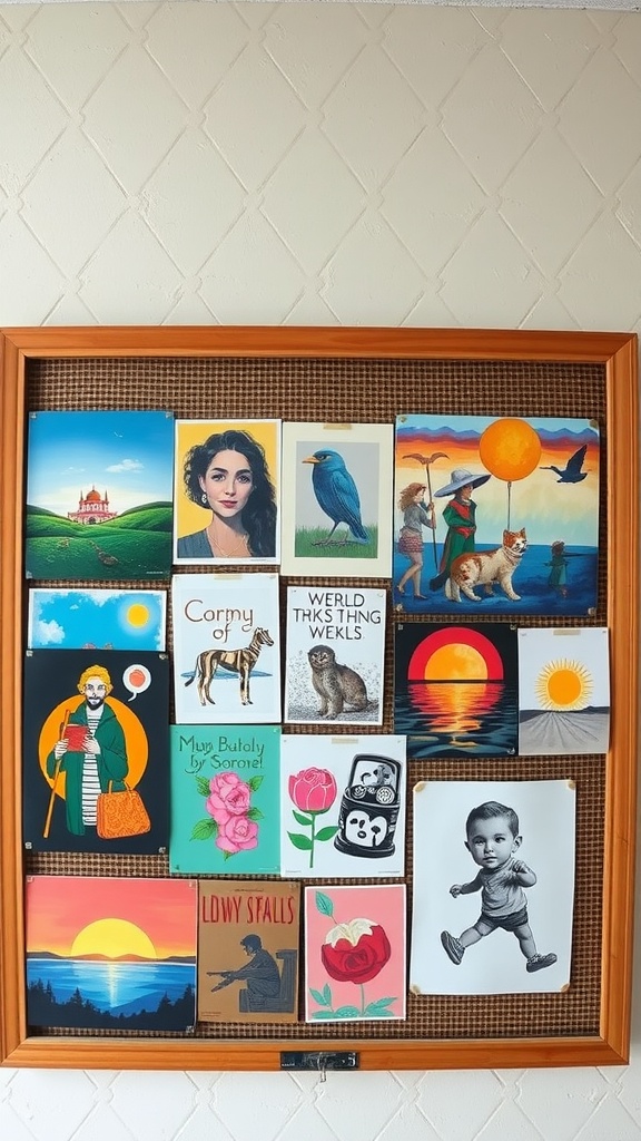 A bulletin board filled with various art prints and posters, showcasing a colorful and eclectic display.
