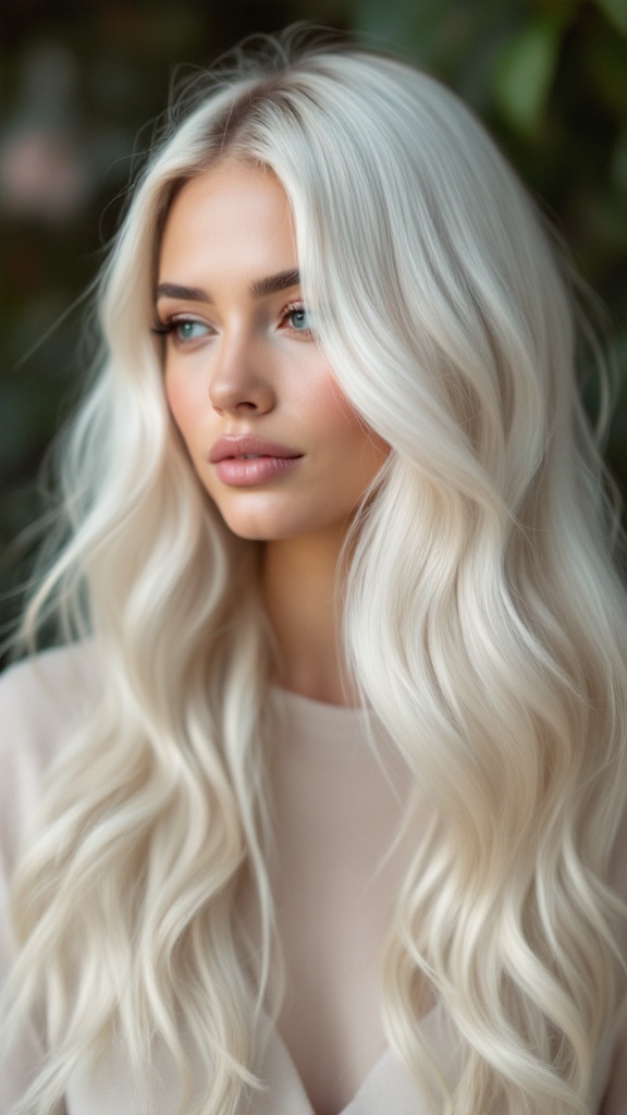 A model with platinum blonde balayage hair styled in soft waves, showcasing a beautiful hair color.