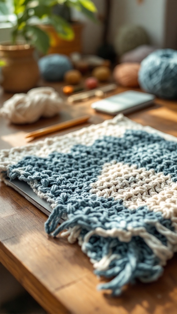 A crochet laptop sleeve in cream and blue colors displayed on a wooden table with yarn and tools in the background.