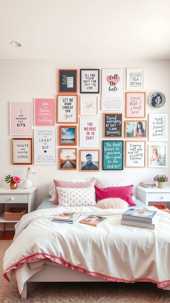 Gallery wall with framed quotes and photos in a girl's bedroom