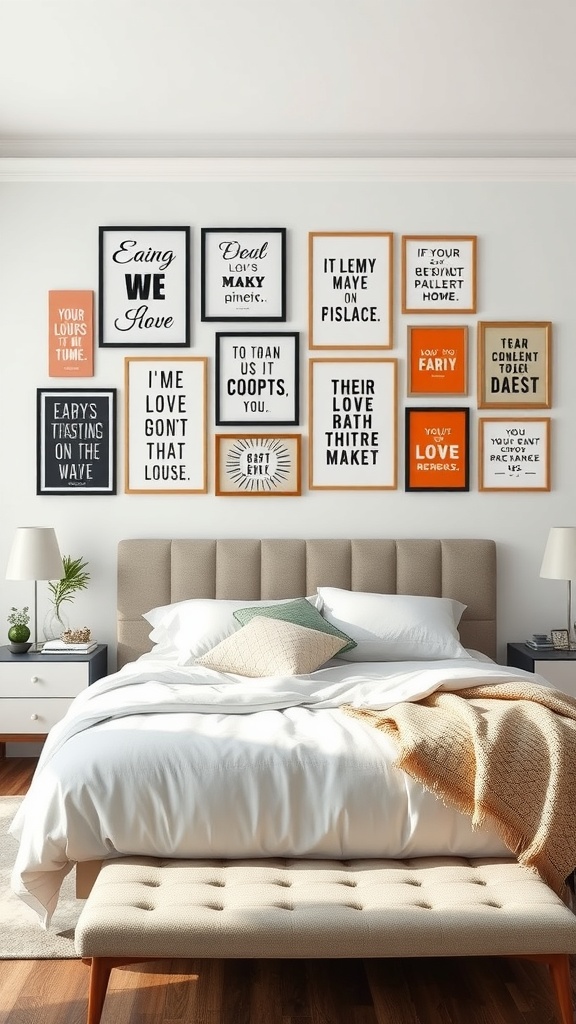 A collage of inspirational quotes framed on a bedroom wall, creating a vibrant and motivating atmosphere.
