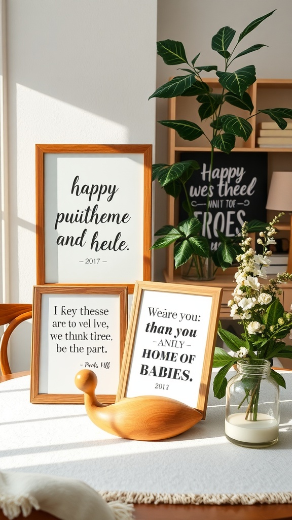 Table decor featuring inspirational quote signs for a baby shower