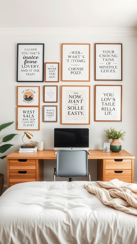 A wall decorated with framed inspirational quotes above a desk and bed.