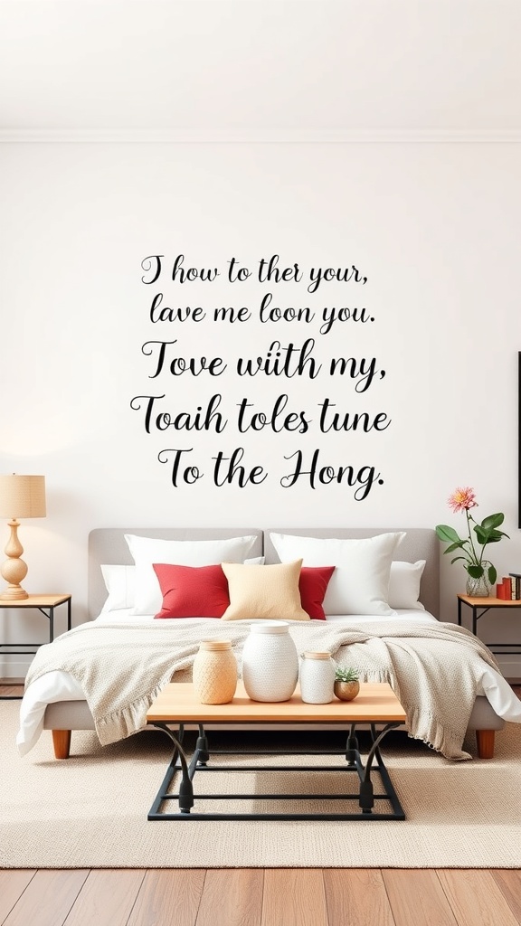 A cozy bedroom with a large inspirational quote wall decal above the bed.