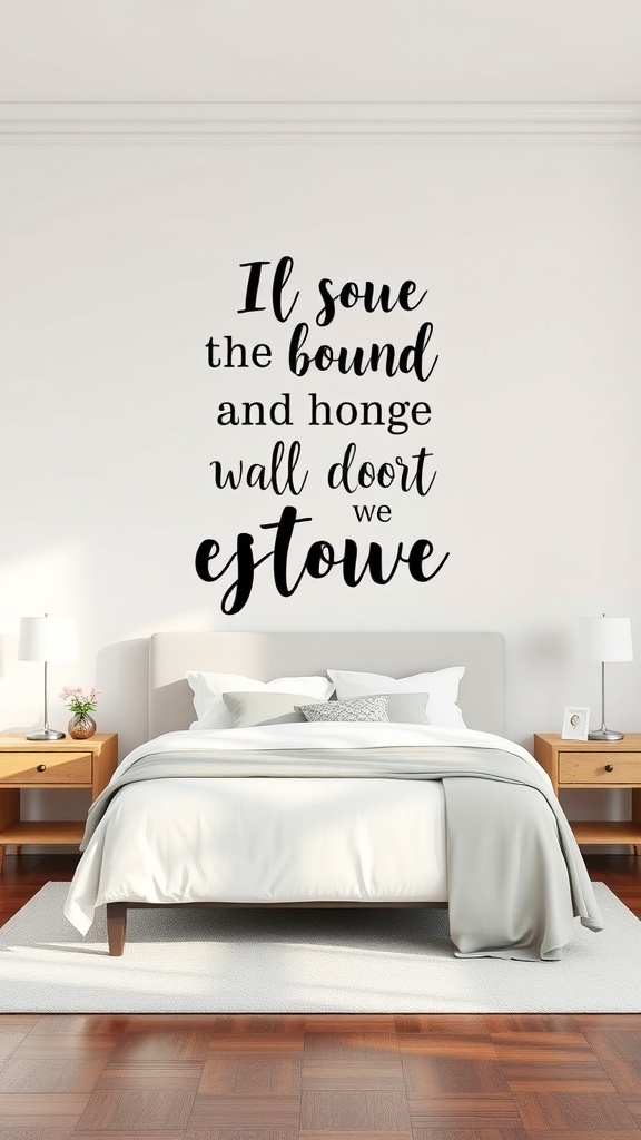 A cozy bedroom featuring an inspirational quote wall decal above the bed.
