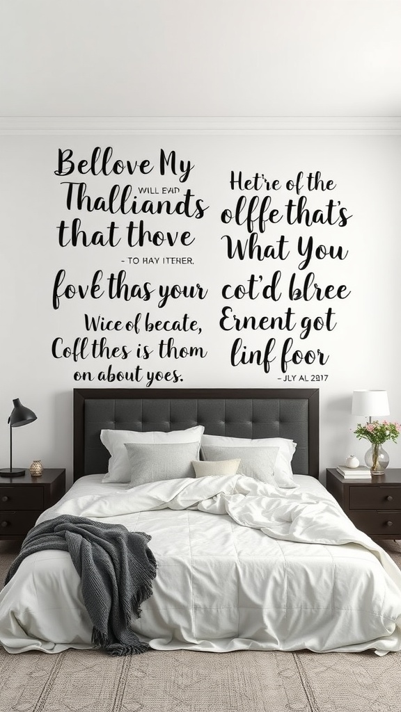 Wall with inspirational quotes above a bed in a cozy bedroom