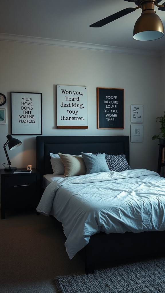 A cozy bedroom featuring a bed with decorative pillows and a wall adorned with framed inspirational quotes.