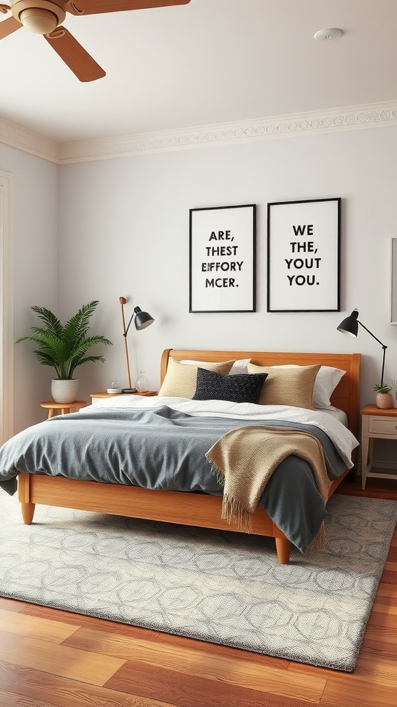 A cozy bedroom with inspirational quotes framed on the wall, featuring a wooden bed and decorative elements.