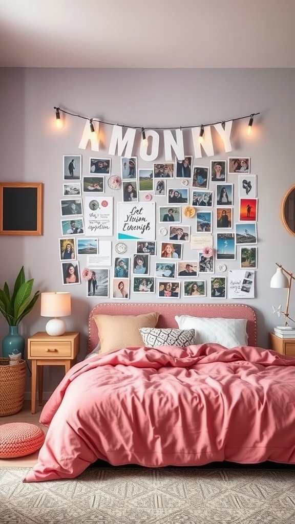 A cozy tween girl's bedroom with a vision board on the wall, featuring photos and inspirational quotes.