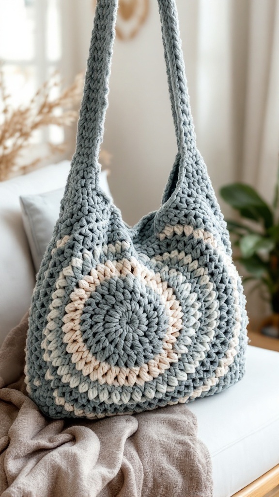 A stylish crochet shoulder bag with a circular pattern in blue and cream colors.