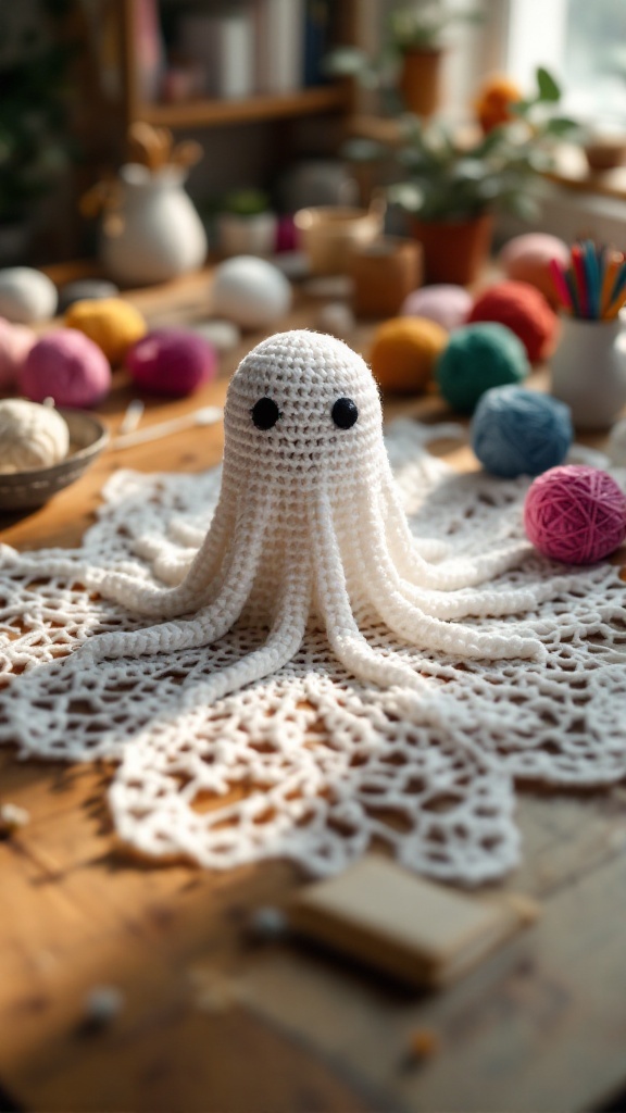 A cute crochet ghost sitting on a lace doily surrounded by colorful yarn balls.