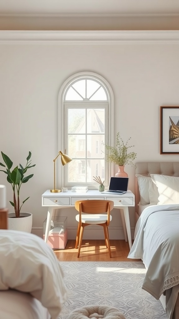 A cozy bedroom setup featuring a stylish desk and chair, window with natural light, and plants.