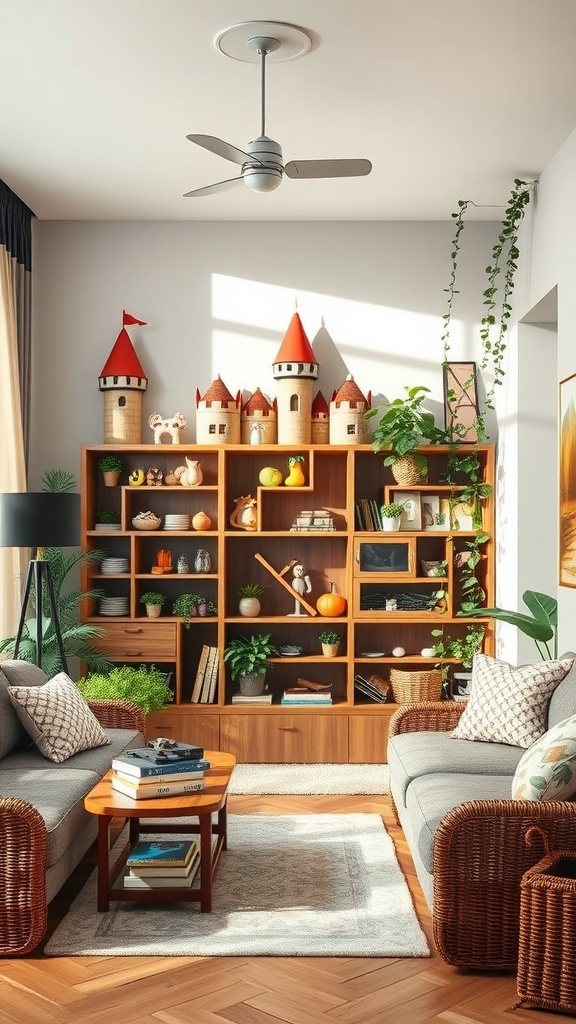 A cozy living room with a playroom vibe, featuring colorful castle figurines on a shelf, comfortable sofas, and greenery.