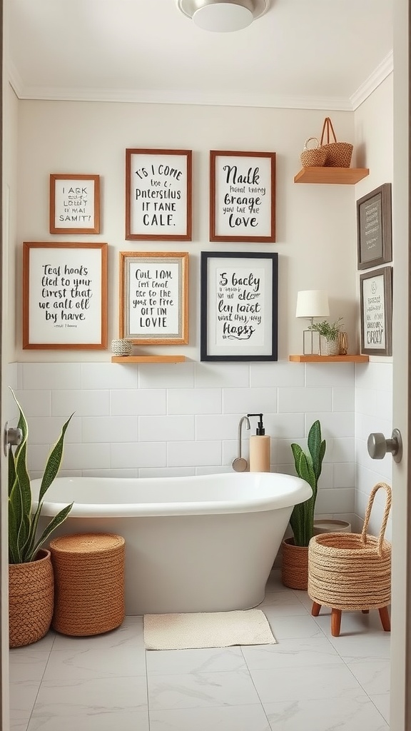A kids' bathroom featuring framed quotes and positive affirmations on the wall, with plants and cozy decor.