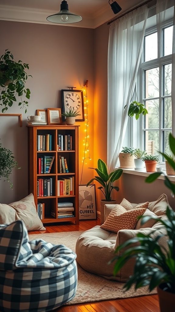 A cozy reading corner with colorful bookshelves and comfortable seating.