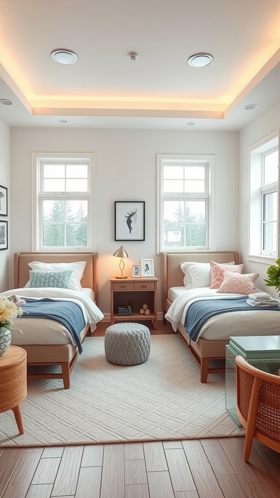 A shared bedroom with two twin beds, a nightstand, and a cozy rug, designed for study and relaxation.