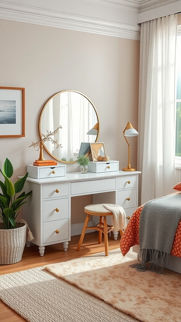 A beautifully designed bedroom vanity and desk combo with a round mirror, lamp, and plant in a cozy setting.